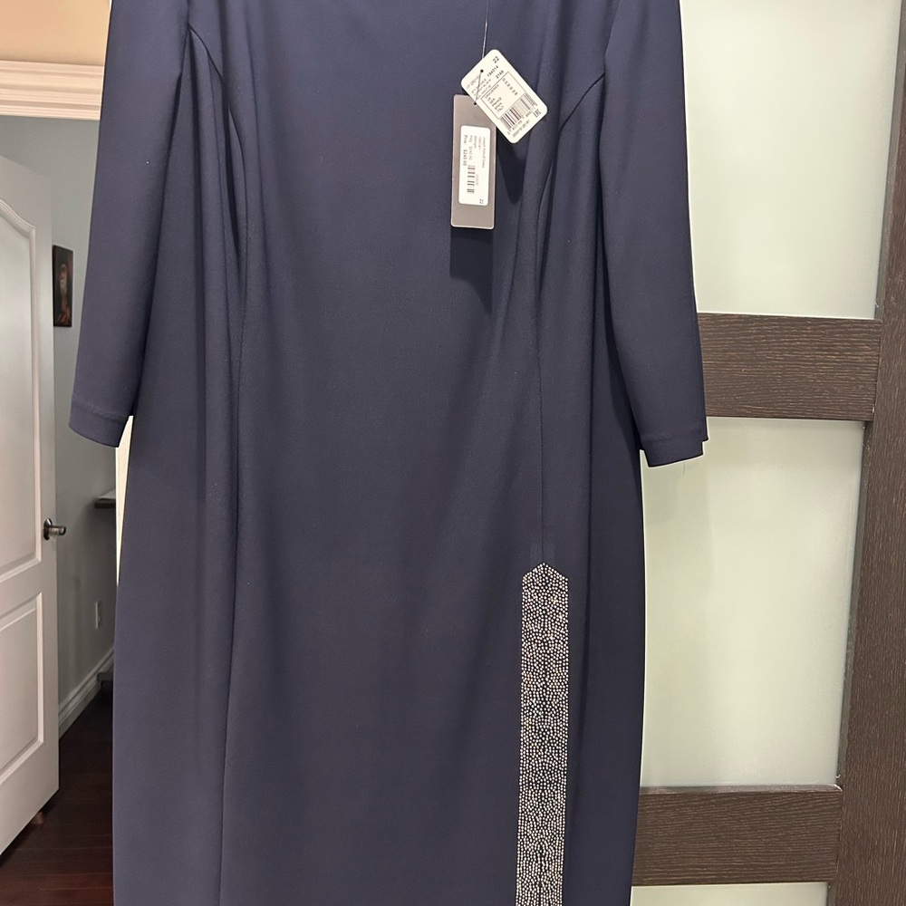 Joseph Ribkoff Navy Long-Sleeve Sheath Dress with Rhinestone Slit Accent